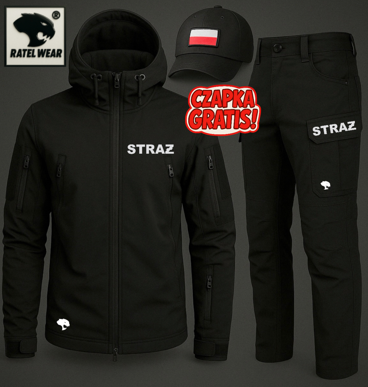 Komplet softshell techniczny PREMIUM – czarny STRAŻ POŻARNA ( kurtka, spodnie, czapka ) - RATEL WEAR