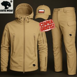 Komplet softshell taktyczny PREMIUM – piaskowy ( kurtka, spodnie, czapka ) RATEL WEAR