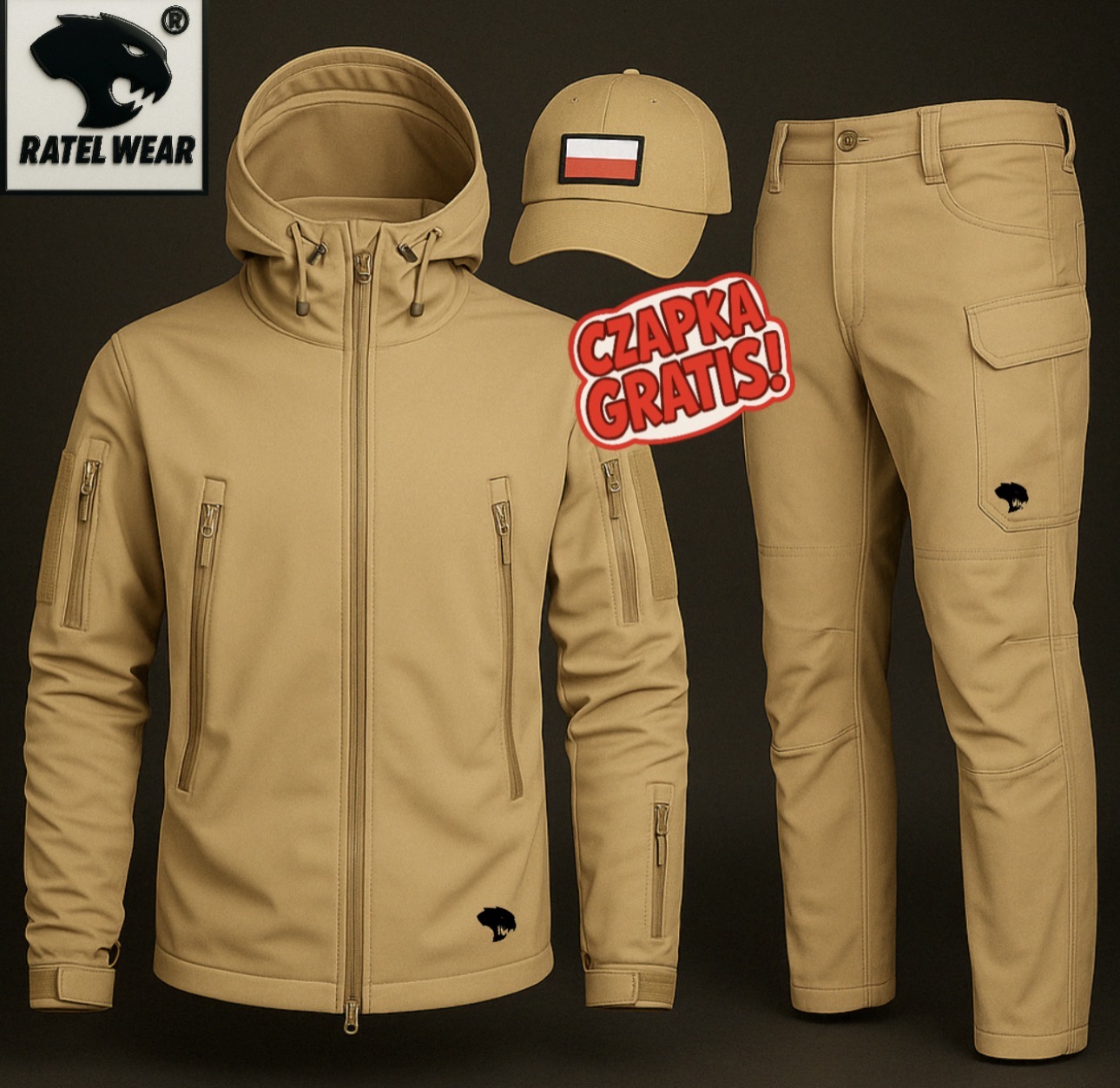 Komplet softshell taktyczny PREMIUM – piaskowy ( kurtka, spodnie, czapka ) RATEL WEAR