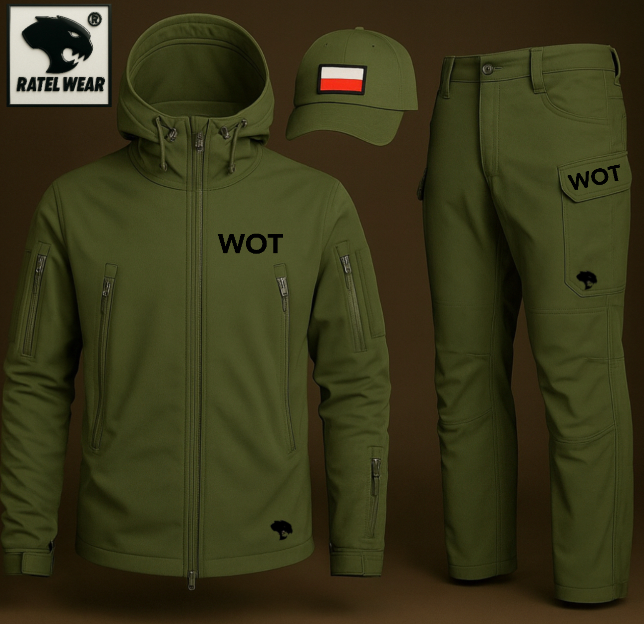 Komplet softshell TAKTYCZNY PREMIUM – oliwkowa zieleń WOJSKA OBRONY TERYTORIALNEJ ( kurtka, spodnie, czapka ) – RATEL WEAR