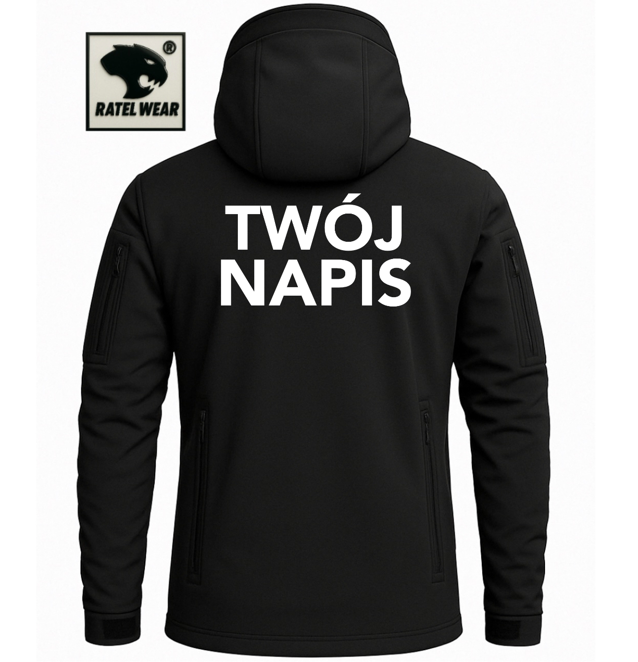 Komplet softshell taktyczny PREMIUM – czarny TWÓJ NAPIS ( kurtka, spodnie, czapka ) – RATEL WEAR - obrazek 2